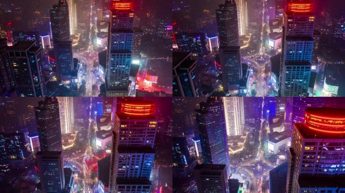 飞越南京市市区夜景照明交通街空中延时全景4k中国