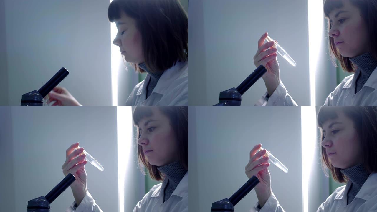 年轻的女科学家用血液检查试管。她研究样本。一位年轻的科学家进行科学研究。她正在研究一种病毒，寻找一种