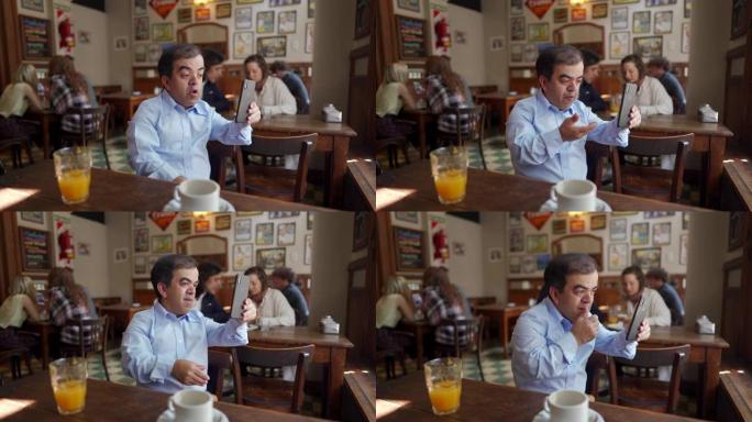 小矮人在自助餐厅的智能手机上进行视频通话
