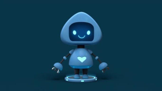 3d无缝动画的小可爱的蓝色机器人，他的身体上有发光的心脏。