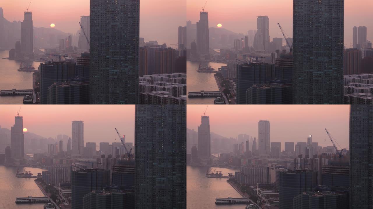 香港空中v122低空飞越九龙湾，城市景观日落美景