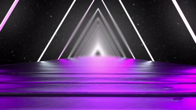 3D渲染，抽象背景，虚拟现实，计算机生成的荧光紫外光，发光的霓虹灯线，具有笔直光滑道路的三角形隧道