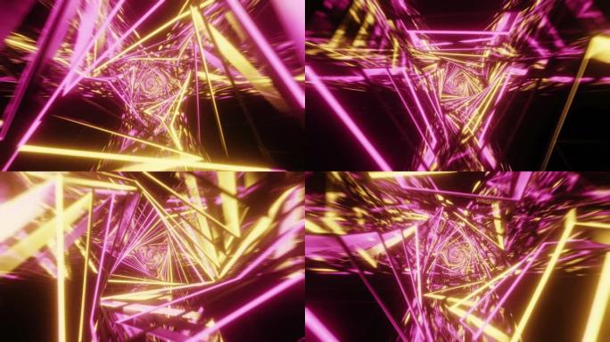运动环抽象3D空间背景科幻与隧道三角形霓虹灯的透视。通往无限。