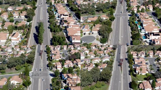 圣地亚哥典型郊区的道路鸟瞰图，大别墅彼此相邻