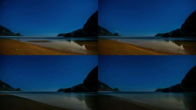 夜间在海滩上的时光流逝，星星在移动