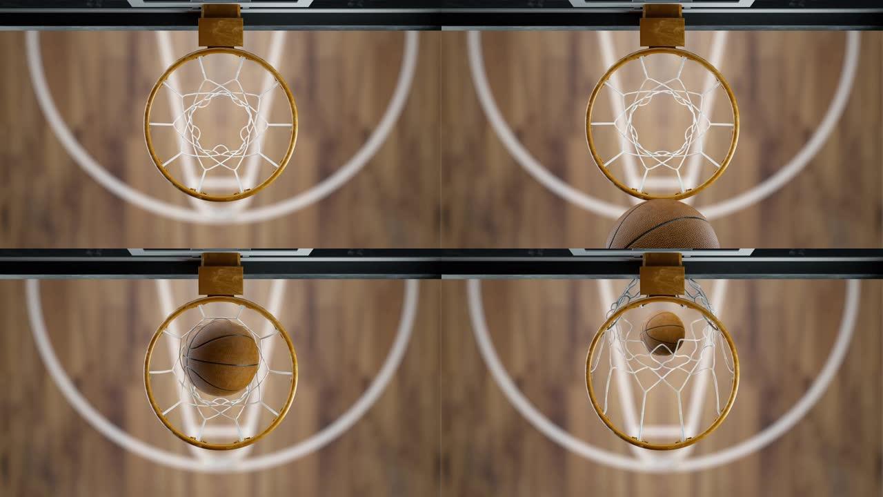 慢动作中的篮球飞入篮筐俯视图