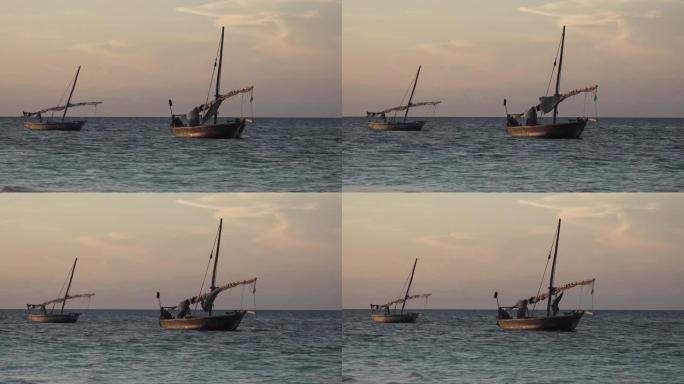 印度洋桑给巴尔岛岸边的渔夫船。