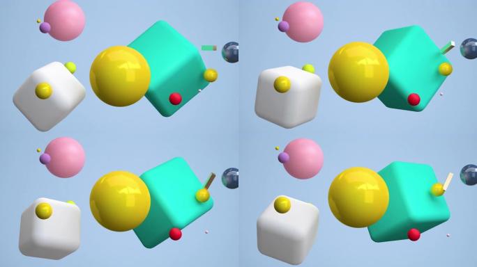 几何3D渲染浮动。概念: 抽象背景、动态图形、派对。