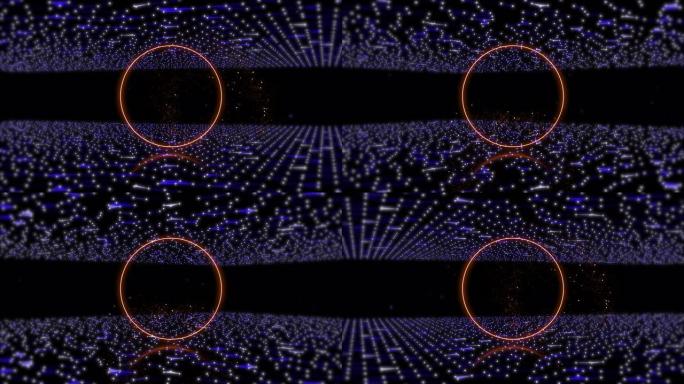 数字神经丛场与逆时针向下旋转之间带有金色闪亮粒子的幻想门户环的摘要背景。