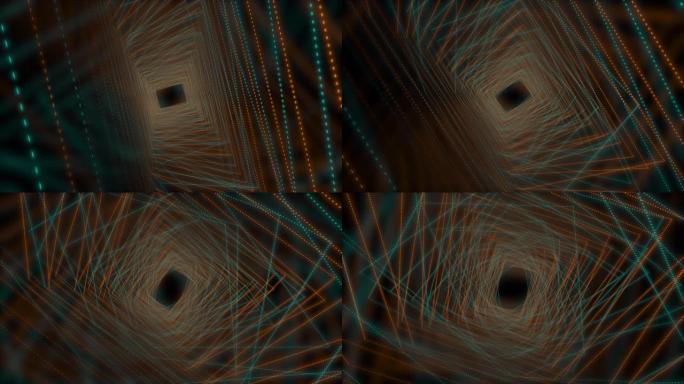 抽象框架隧道，矩形彩色虚线在黑色背景上放大运动。