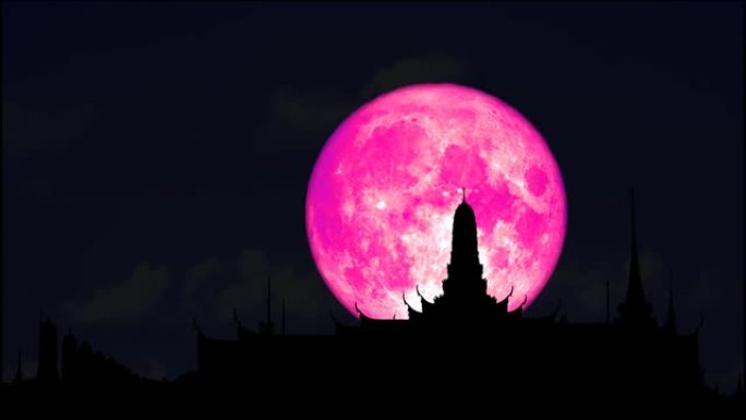 4k满粉色月亮升起在剪影佛教寺庙