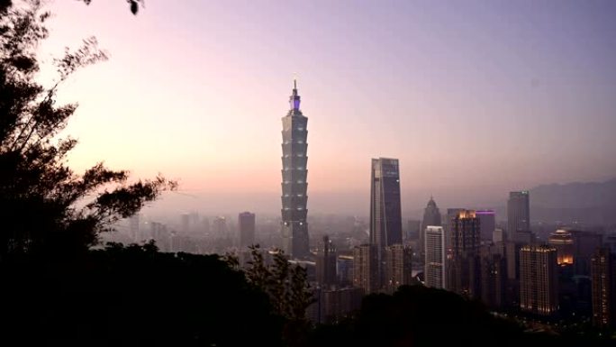 日落鸟瞰图台北，台湾傍晚天际线从香山的观点。