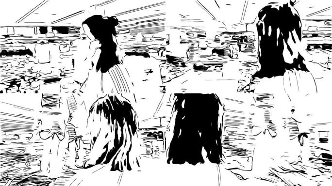 手绘，涂鸦卡通风格，亚洲少女在超市购物，面罩保护