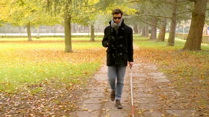 年轻的盲人戴着太阳镜在公园里散步。障碍,自治