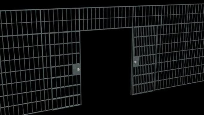 监狱的铁栏和门。开放监狱酒吧的动画。