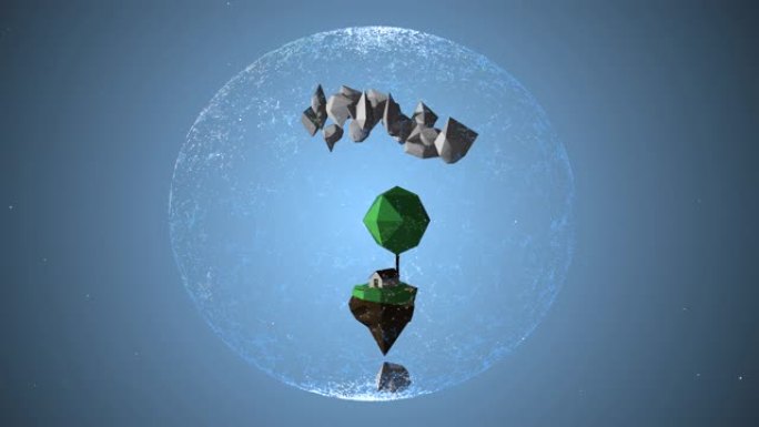 环境护理概念。在蓝色背景上的透明保护球内旋转的小岛卡通动画。