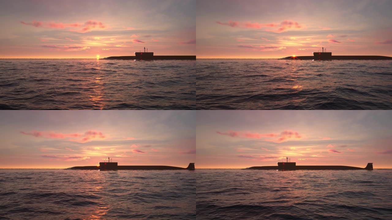 日落时潜水艇在海洋里