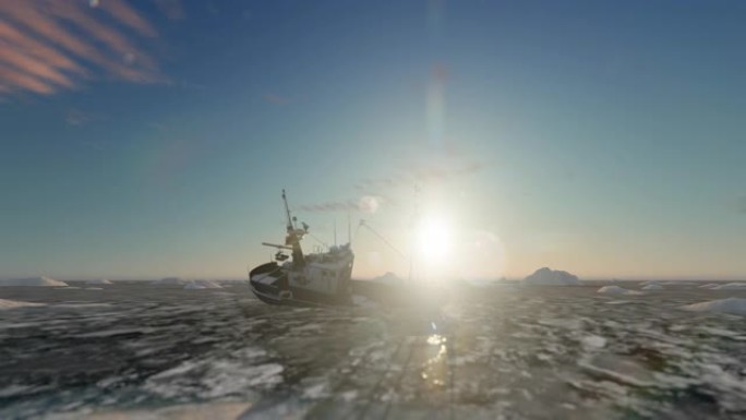 渔船被困在北极冰中，抵御延时日落，无人机景观，4K