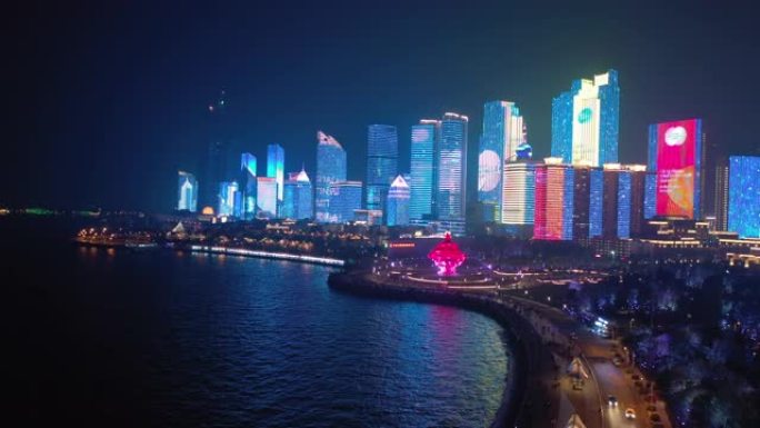 著名的夜间照明秀青岛市市中心海湾航空全景4k中国