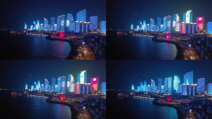 著名的夜间照明秀青岛市市中心海湾航空全景4k中国