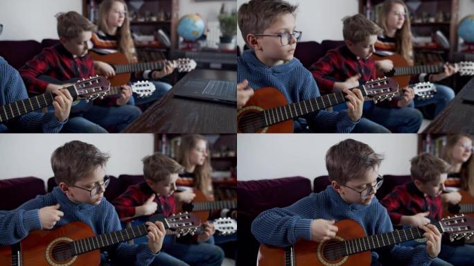 兄妹一起弹吉他外国人外国小孩子小朋友