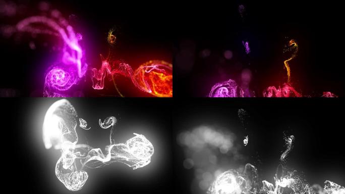 在4k的水中注入荧光红色紫色墨水。墨水流中辉光粒子的3d渲染。亮度哑光作为阿尔法通道。闪亮油墨效果平