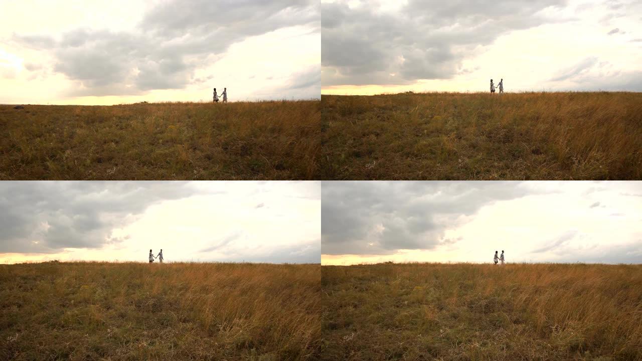 快乐的男人用草牵着他怀孕的妻子在田野里。宽镜头