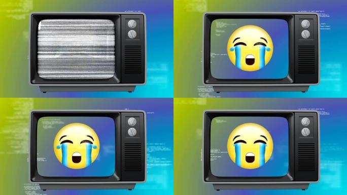 屏幕上带有哭泣表情符号的旧电视的前视图