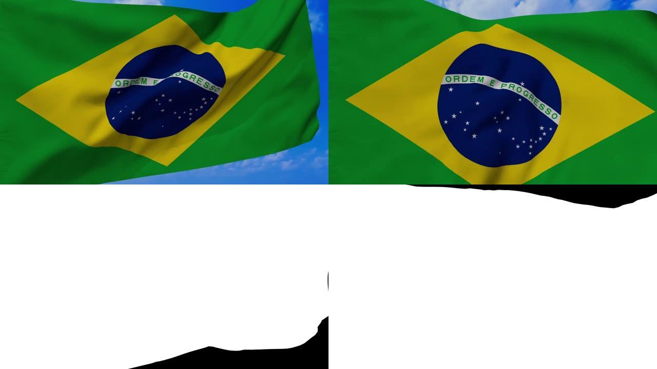 60帧/秒巴西循环旗帜在风中挥舞现实3D动画，包括alpha通道。