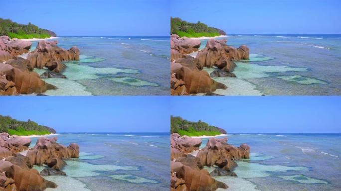 热带海滩Anse Fourmis与典型的花岗岩岩层在拉迪格岛，花岗岩塞舌尔，群岛国家在印度洋