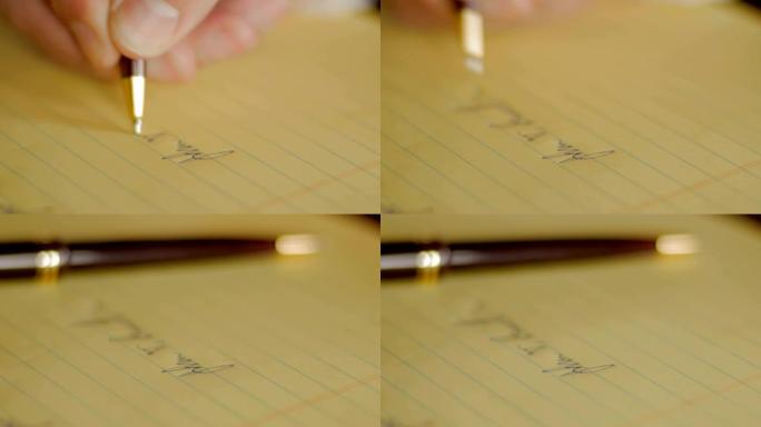 黄色笔记本上用笔签名的人的特写