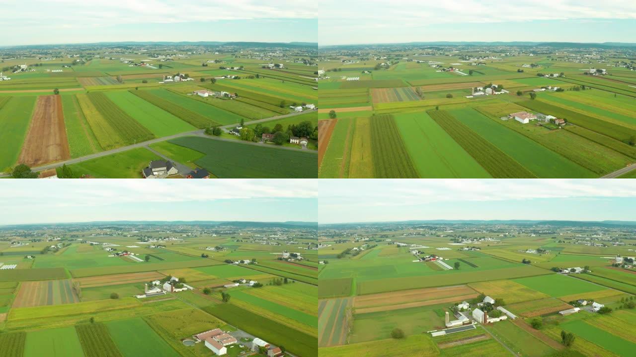 宾夕法尼亚州农村农田的鸟瞰图，谷仓，筒仓，玉米田和起伏的丘陵