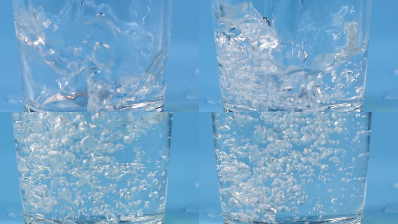 特写倒水，慢动作透明水杯玻璃杯水泡