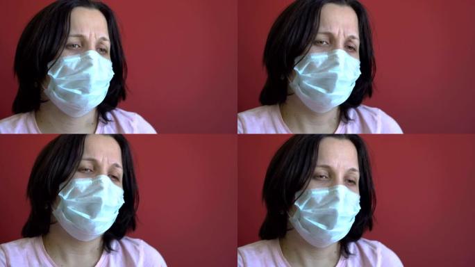 咳嗽一个生病的女人。医用口罩