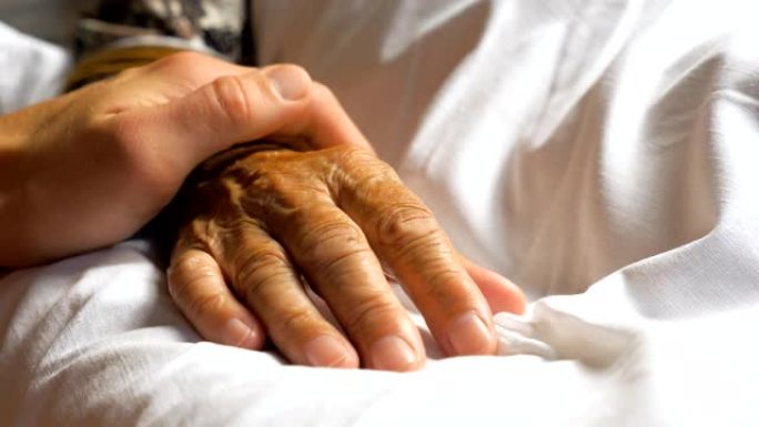 面目全非的人轻轻地抚摸着生病的母亲的手，表现出关心或爱。孙子安慰躺在床上的老奶奶的皱纹手臂。支持他老