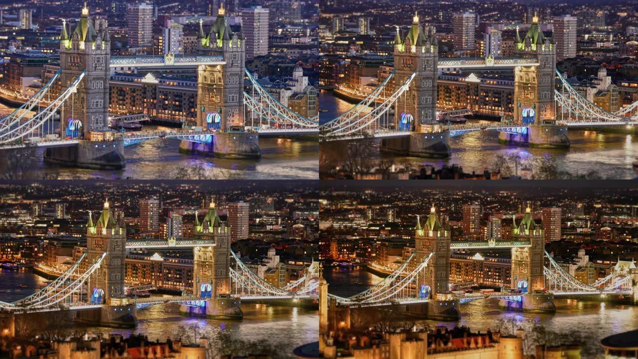 伦敦塔桥在夜晚开放的时间流逝