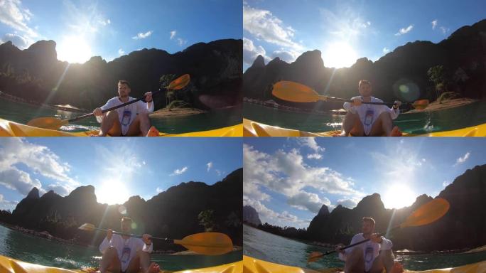 在泰国旅行。水上漂流单人橡皮艇水上记录