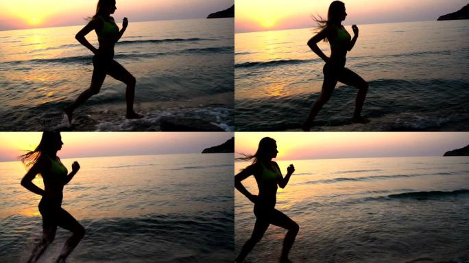 年轻女子在日出时在海滩上奔跑