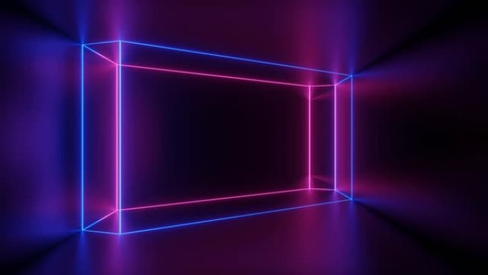 3d渲染。在蓝色和紫外线色的霓虹灯中，长隧道中几何图形或立方体的变换的无缝可视化