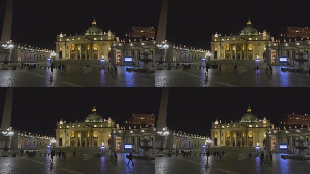 面目全非的人走在梵蒂冈城的圣伯多禄广场上，在圣伯多禄大殿的正面
