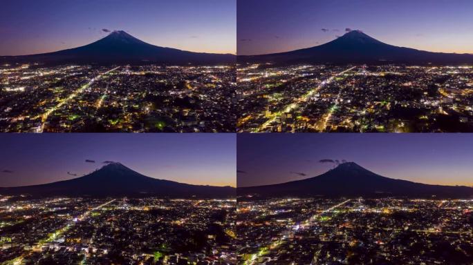 日本山梨县藤吉田市日落时的富士山。藤山无人驾驶飞机过度脱垂。