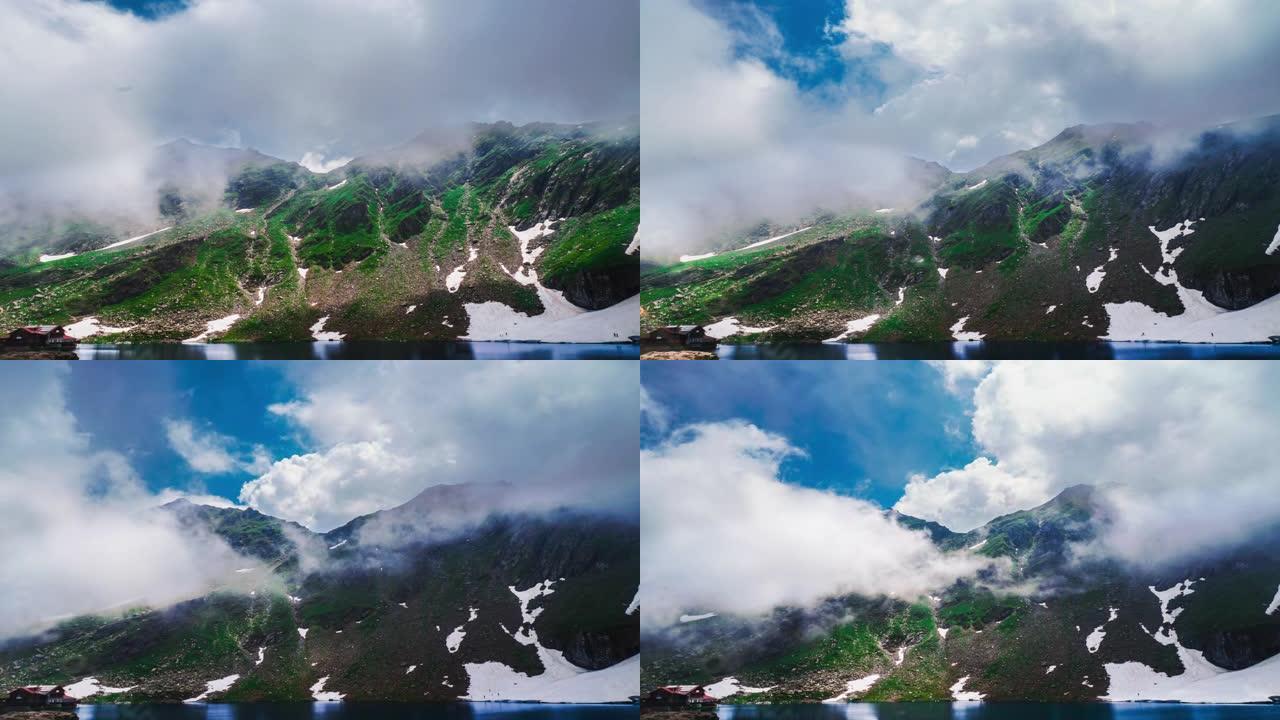 高速公路延时迷人的视频，在有雪的山上雄伟的云层。
