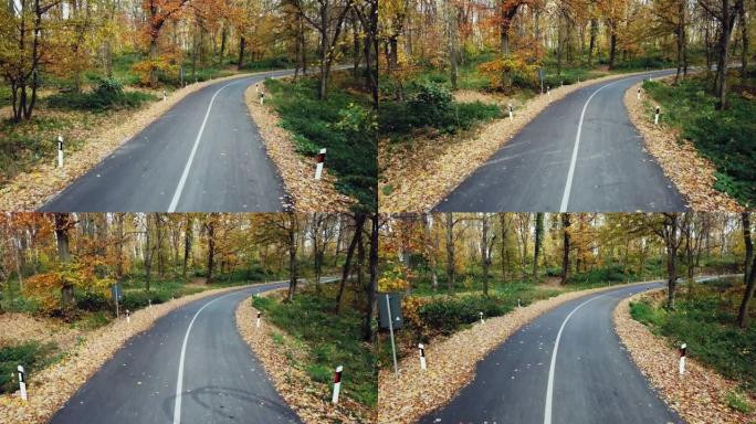 穿过森林的道路的鸟瞰图。山里的秋天。