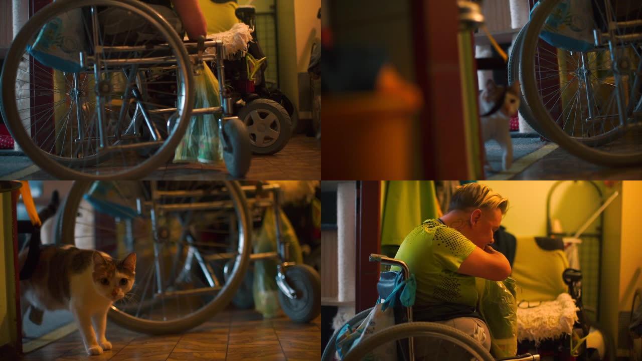 坐在轮椅上的残疾妇女在她的牙齿上拿着一个食品袋。