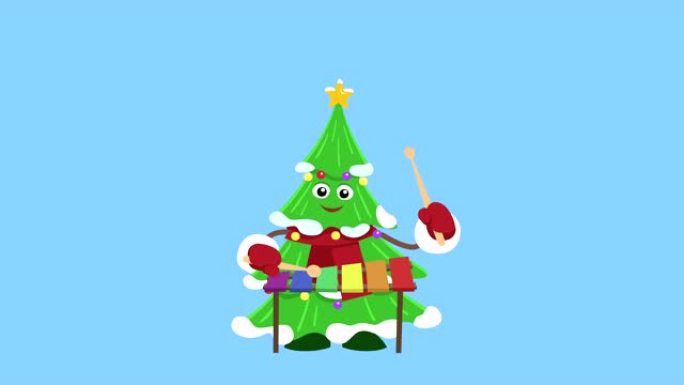 卡通小圣诞树平面人物播放木琴动画包括哑光