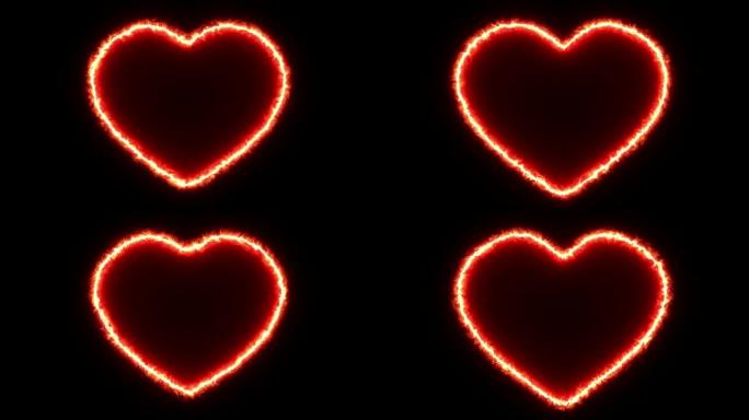 燃烧的红色心形。红色线条爱心通道三维动画