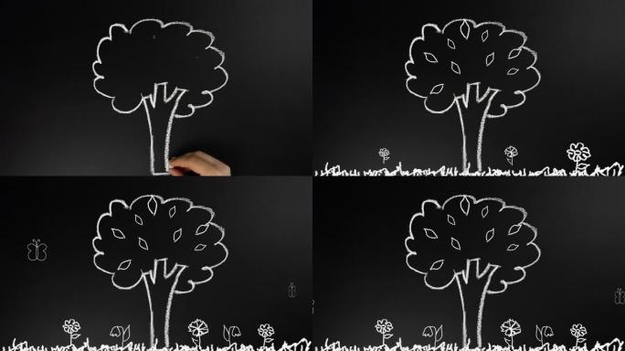 手用粉笔在木板上画一棵树，树叶、花朵、蝴蝶出现在画板上。动画.循环.4k