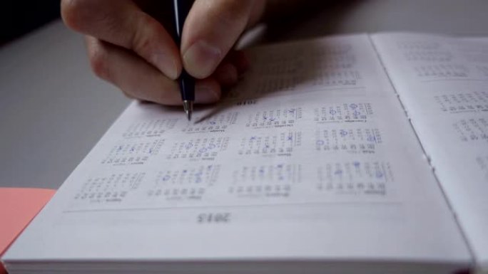 一个人在日历日记上做日期戳。工作流规划。特写。营销日历上的日期，特写。