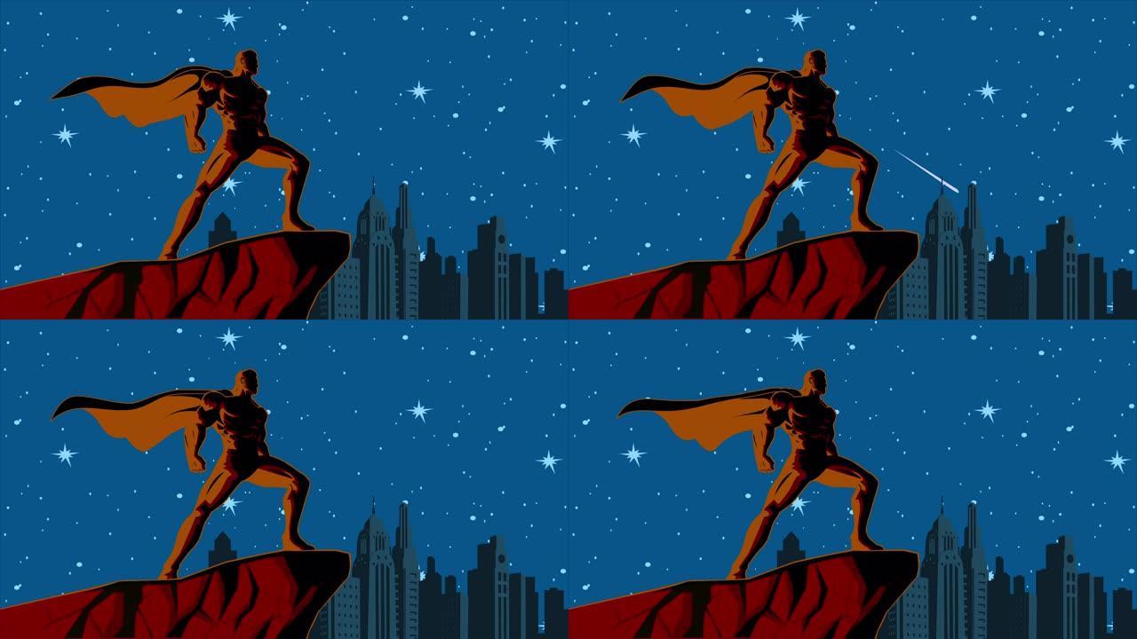 复古可循环吹风斗篷超级英雄动画视频