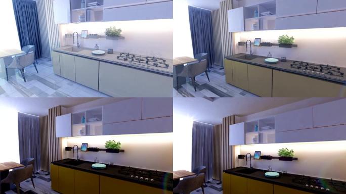 3D动画图形网格过渡室内设计厨房房间模糊阁楼
